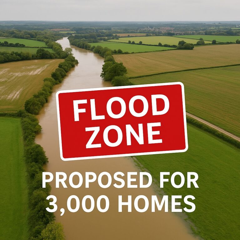Aerial view of proposed Hammonds Farm site within floodplain marked with “Flood Zone – Proposed for 3,000 Homes”