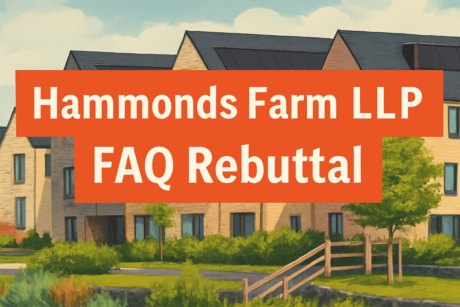 Banner image for article titled “Unpacking the Spin: A Community Response to Hammonds Farm LLP’s FAQ” showing modern houses with overlaid title text