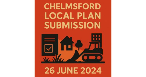 Graphic showing bulldozer threatening countryside with text warning of Chelmsford Local Plan submission on 26 June 2025